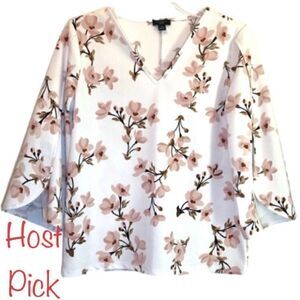 Ann Taylor Floral Top with 3/4 Length Tulip Sleeves in Cream/Brown Women’s PS